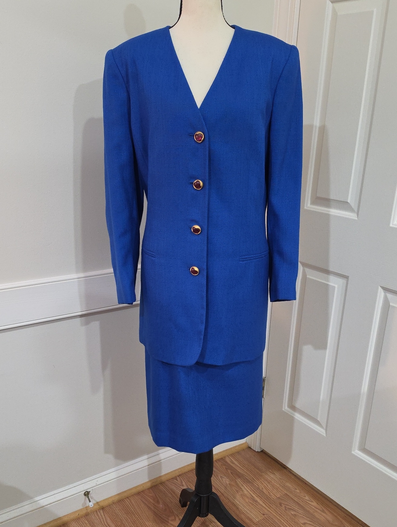 Kasper Ii Vintage Two-Piece Royal Blue Skirt Suit With Gold Buttons - Size 14